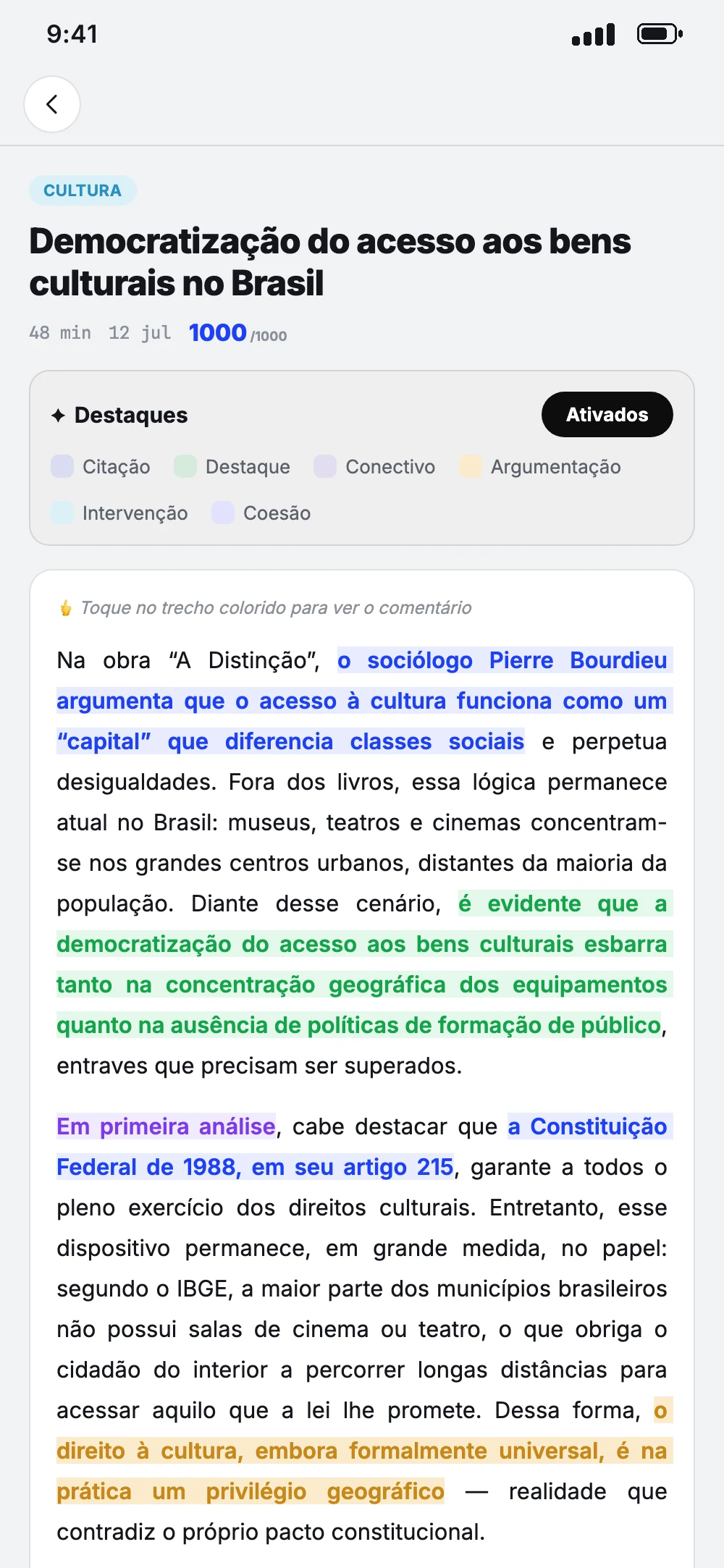 Redação corrigida no app RN1K: nota 1000 e trechos destacados pela IA