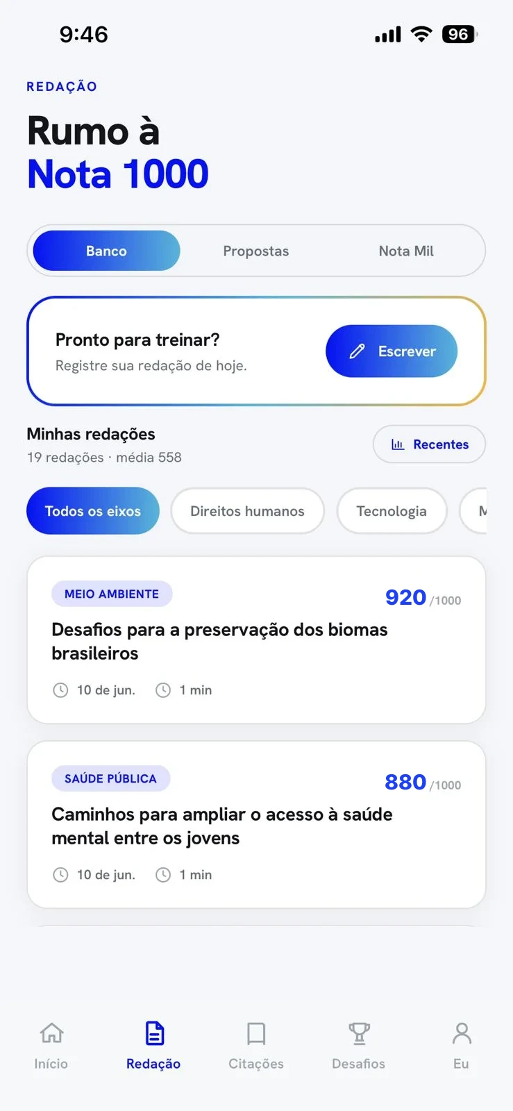 Tela Rumo à Nota 1000 do app RN1K